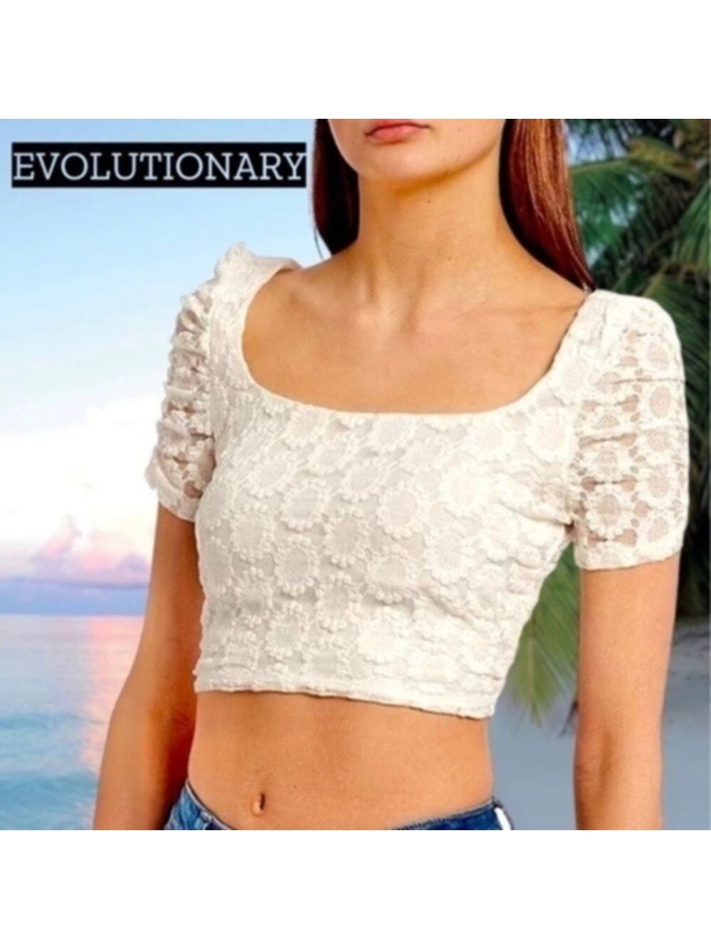 EVOLUTIONARY Short Ruched Sleeve Scoop Neck Sheer Back Lace Covered Crop Top NWT